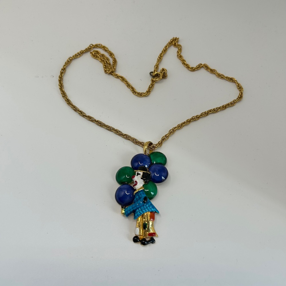 Vintage Enamel Clown Balloons Pendant Necklace‎ Gold Tone Blue Red Green Circus
